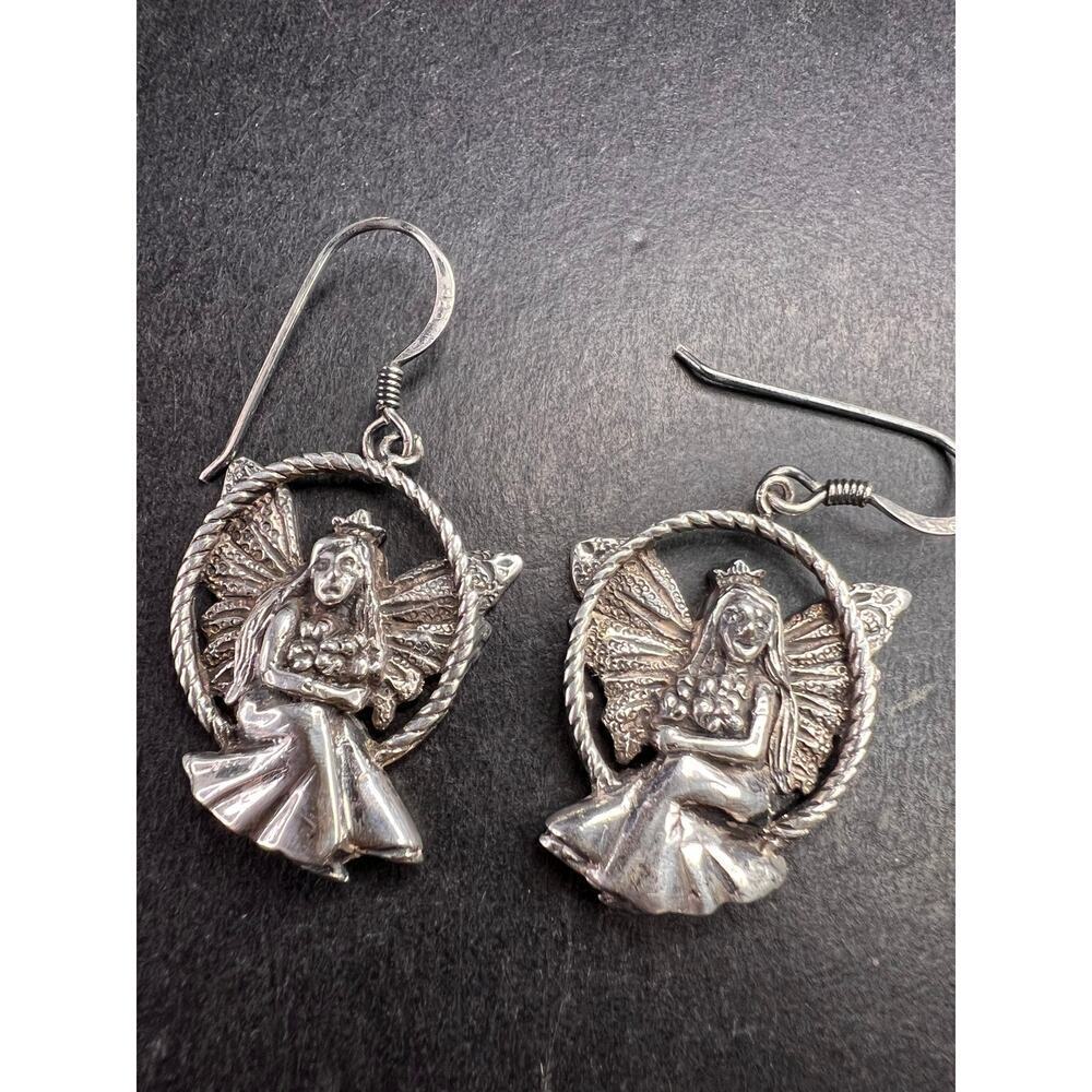 Vintage Sterling Silver Fairy Earrings • Detailed Wings & Floral Motif